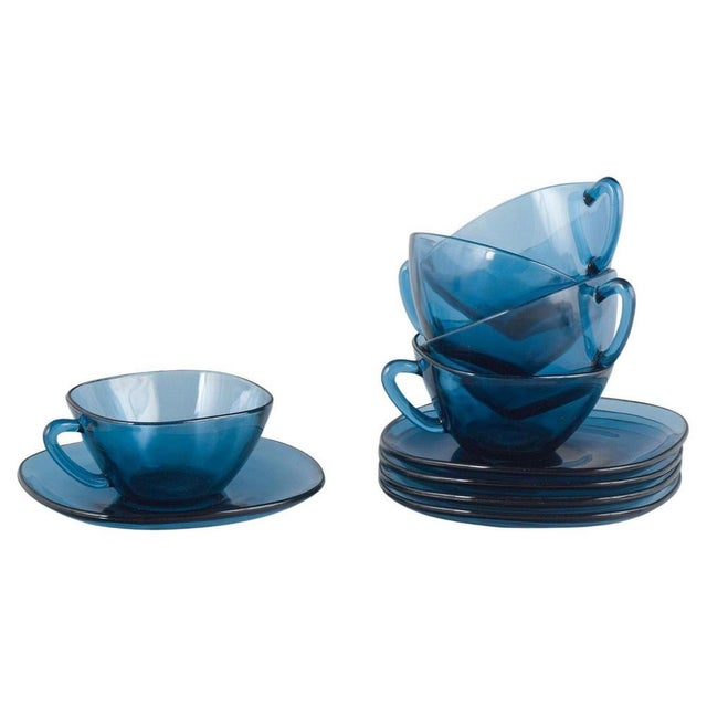 1970s Blue Glass Coffee Cups and Saucers from Vereco, 1970-1980s, Set of 10 For Sale - Image 5 of 5