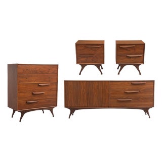 Mid Century Sculptural Walnut Bedroom Set Tall Chest Dresser Two Nightstands Made in Japan 1960s For Sale