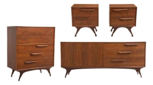 Mid Century Sculptural Walnut Bedroom Set Tall Chest Dresser Two Nightstands Made in Japan 1960s