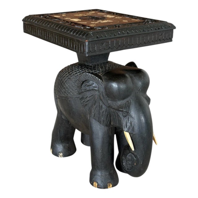 Mid-20th Century Hand-Carved Elephant Side Table With Bone Inlay Top For Sale