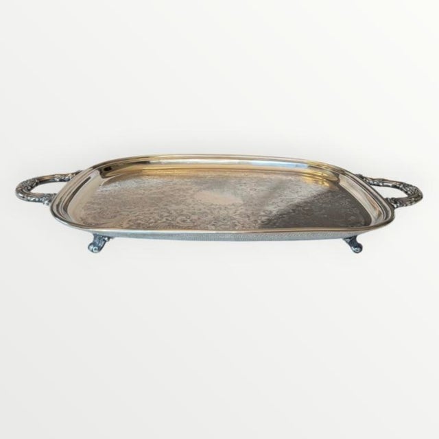 Hollywood Regency Vintage Silver Plate Large Butler's Buffet Tray With Handles and Feet For Sale - Image 3 of 18