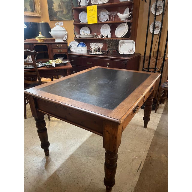 English Oak top desk with leather inlay bottom appears to be Pine
