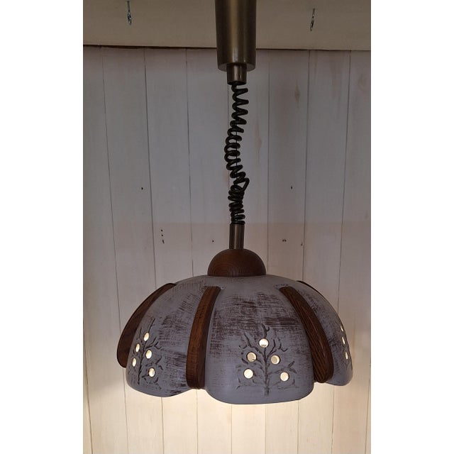 Beige Vintage Height-Adjustable Ceiling Lamp with Beige Ceramic Shade and Oak Wood Segments from Fischer-Leuchten, 1980s For Sale - Image 8 of 8