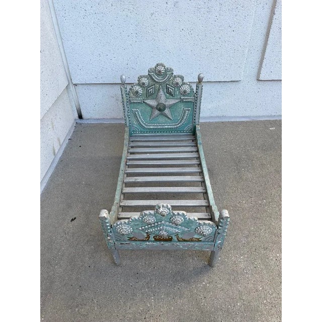 Tramp Art Folk Art Dog Bed With Silver And Blue Paint For Sale - Image 10 of 12