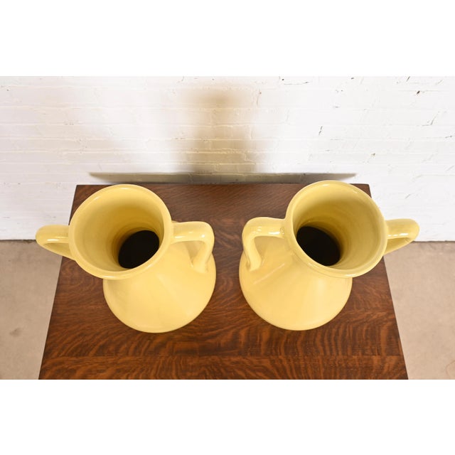 1930s Robinson Ransbottom of Roseville Arts & Crafts Large Yellow Glazed Handled Art Pottery Jugs or Vases, Pair For Sale - Image 5 of 13