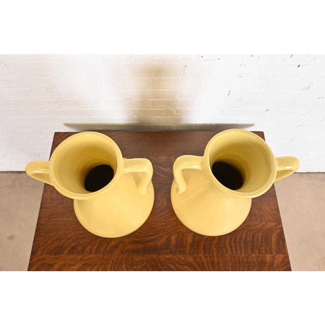 1930s Roseville Pottery Arts & Crafts Large Yellow Glazed Handled Art Pottery Jugs or Vases, Pair For Sale - Image 5 of 12