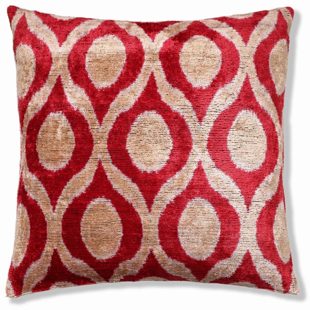 Red Geometric Silk Velvet Pillow 20x20 | Handmade Designer Accent Cushion For Sale - Image 4 of 8