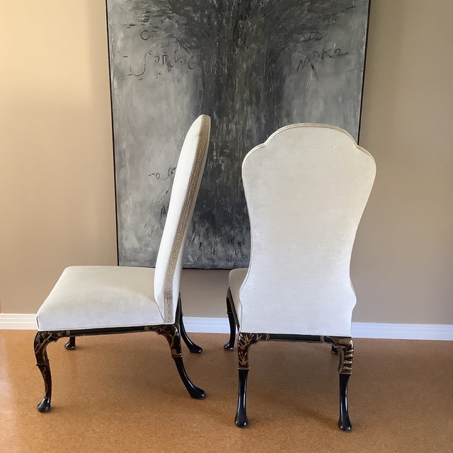 Unmarked, vintage leafed Chinese Chippendale tall backed side chairs. Generous seat size. Neutral upholstery. Nice Greek...