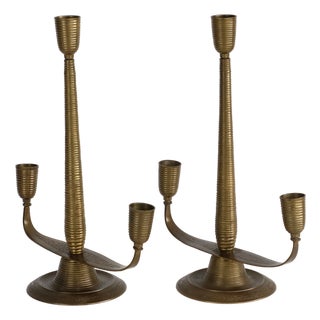 Vintage Three-Lamp Candlesticks in Engraved Brass, 1950s, Set of 2 For Sale
