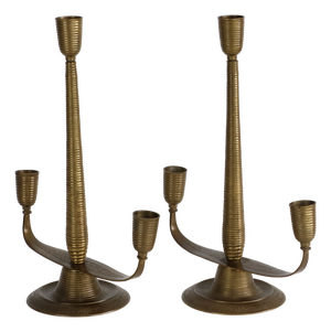Vintage Three-Lamp Candlesticks in Engraved Brass, 1950s, Set of 2