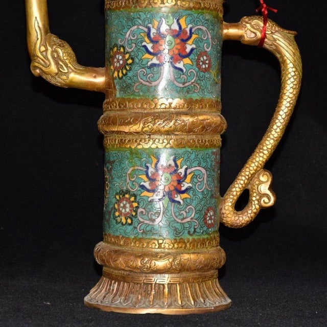 Vintage Asian Cloisonné Gilt Bronze Tibetan Butter Tea Pot - Himalayan Monk's Ewer For Sale - Image 4 of 9