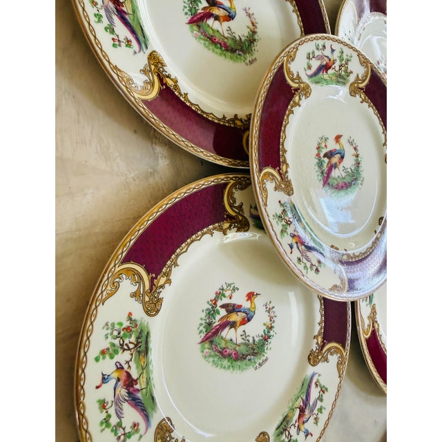 1930s Myott Staffordshire Chelsea Bird Salad Plates Burgundy Gold English China - Set of Eight (8) 7 7/8” For Sale - Image 9 of 11