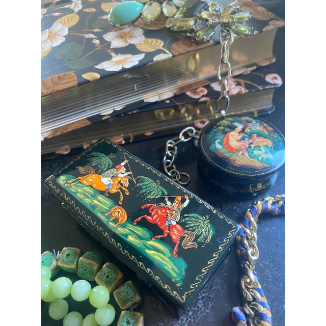 Vintage Russian Palekh Hand-Painted Lacquered Trinket Box, Hunting Scene For Sale - Image 11 of 12