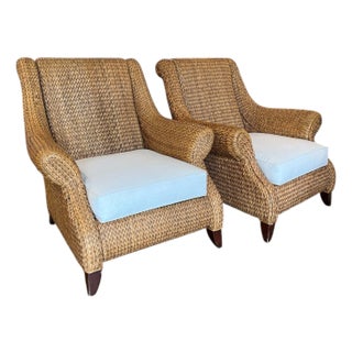 Pair Woven Rattan Palacek Lounge Chairs For Sale