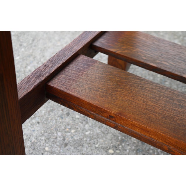 1910s Circa 1910 Quarter-Sawn Tiger Oak Mission Arts and Craft Writing Table on Wheels With Removable Book Shelf and Chair For Sale - Image 5 of 12
