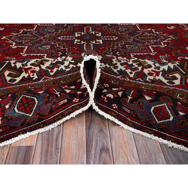 1960 7'9"x10'9" Ruby Red Geometric Medallion Old Persian Heriz Hand Knotted Wool Rug For Sale - Image 9 of 12