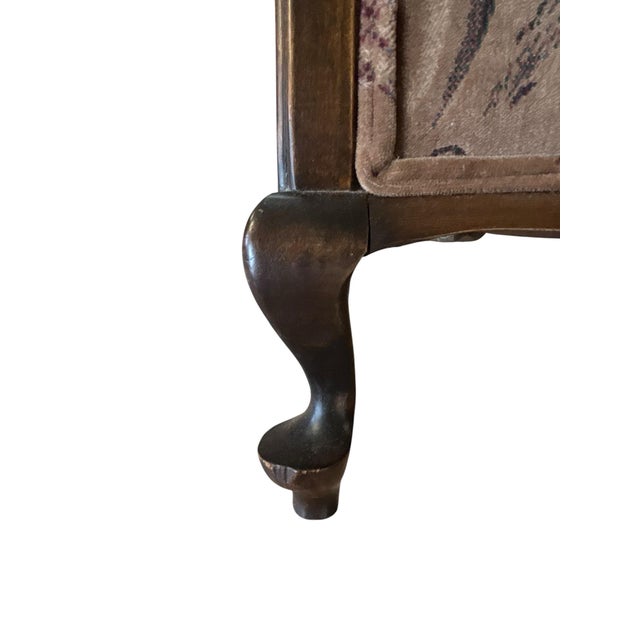 Traditional Queen Anne Style Dark Wood Caned Lounge Chair With Floral Velvet Cushions For Sale In Greensboro - Image 6 of 10