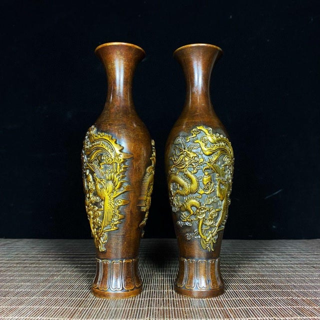 Pair of Gilt Bronze Vases With Dragon & Phoenix Relief — Dragon-Phoenix Auspicious Motif For Sale - Image 9 of 9