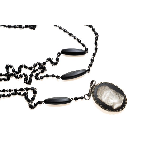Vintage Black Beaded Wrap Necklace With Lalique Glass Cameo, 1940's For Sale In Miami - Image 6 of 18
