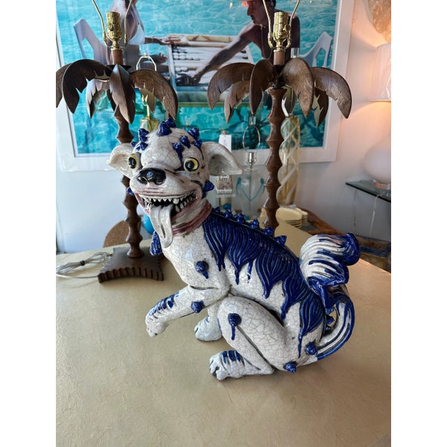 Vintage Oriental Blue & White Large Foo Dog Terracotta