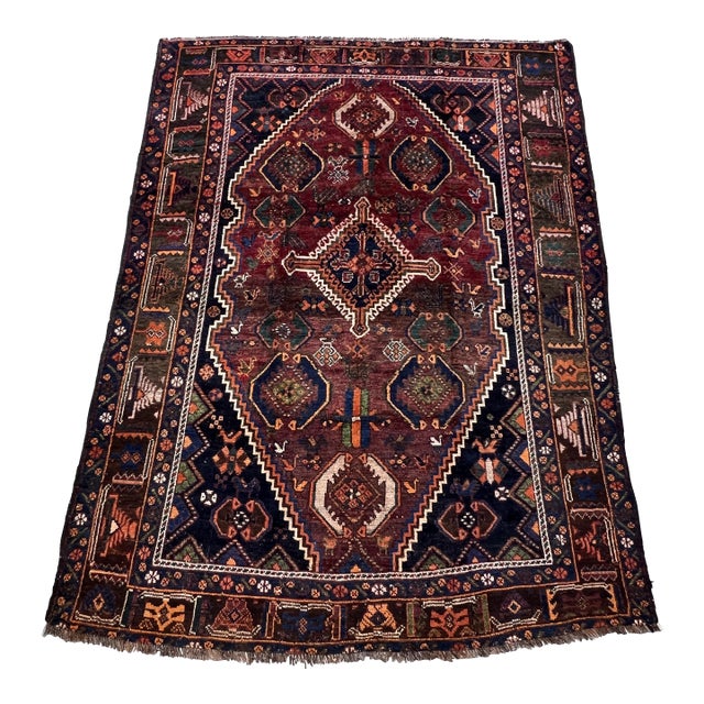 Hand-Knotted Antique Qashqai Tribal Shiraz Wool Area Rug - 4'10" X 6'5" For Sale
