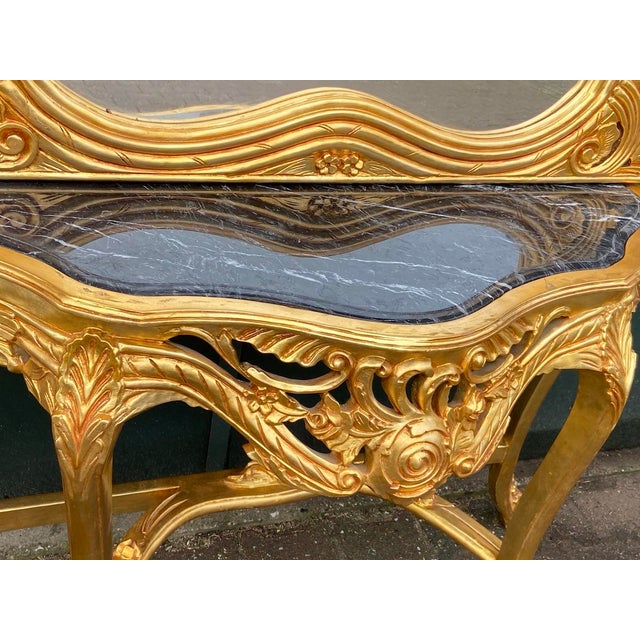 Wood Mid 20thC French Louis XVI Rococo Gold Console Table With Mirror - Set of 2 Pc For Sale - Image 7 of 11