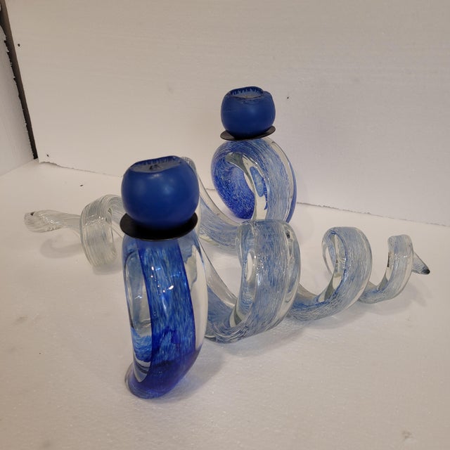 Blue Spiral Candleholders in Glass, France, 1980s, Set of 2 For Sale - Image 6 of 18