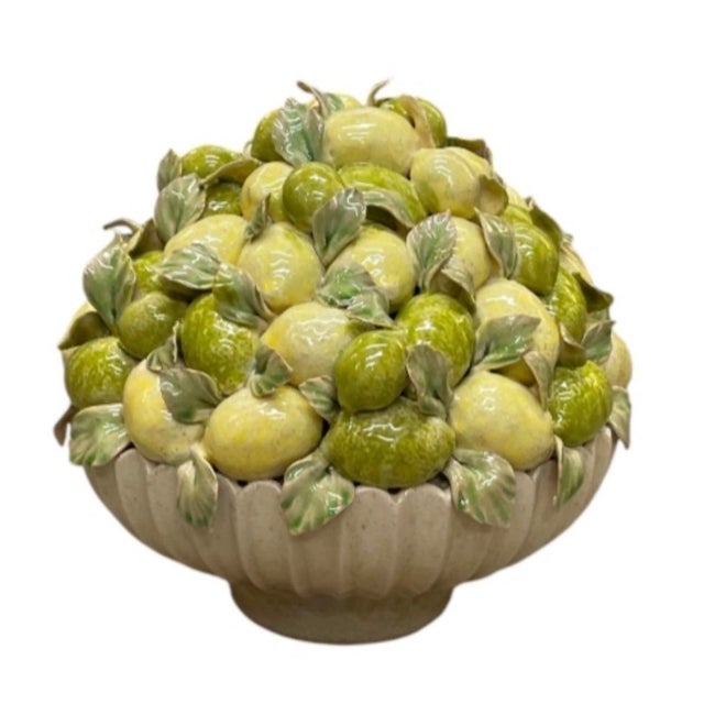 2000 - 2009 Pair of Vintage Italian Majolica Ceramic Lemon Pyramids in Scalloped Footed Bowls For Sale - Image 5 of 12