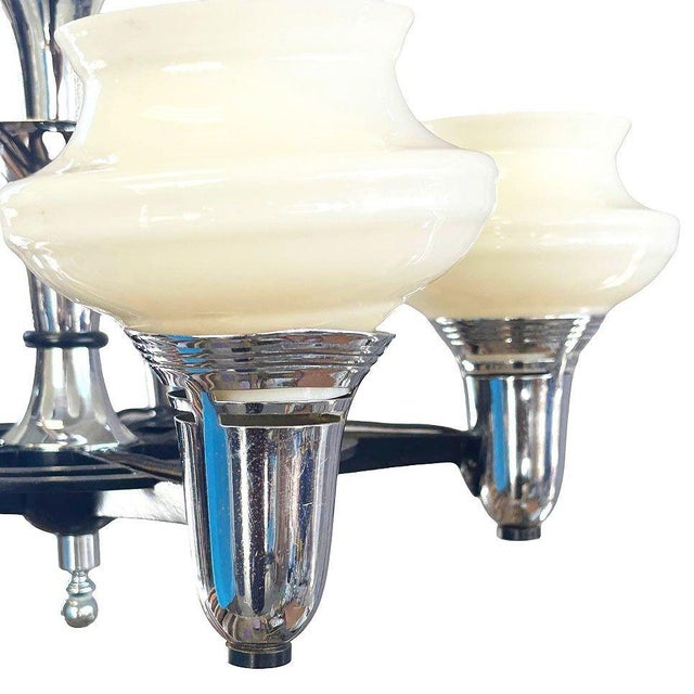 Mid 20th Century Art Deco Streamline Moderne Five-Light Chandelier With Opaline Glass Shades For Sale - Image 4 of 6