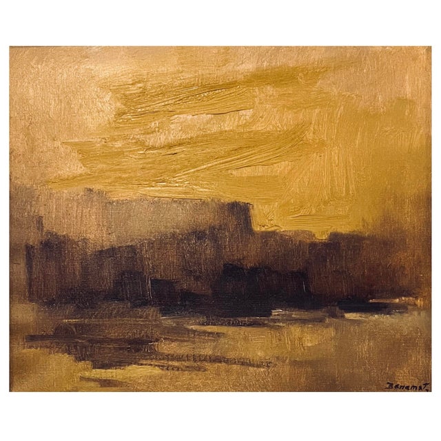 Beautiful 1980's abstract impressionist landscape in a range of gold, ochre, yellow, brown, and black hues. By Robert...