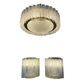 Mid-Century Space Age Ice Glass Ceiling Lamp and Wall Lamps from Doria Leuchten, Germany, 1960s, Set of 3 For Sale