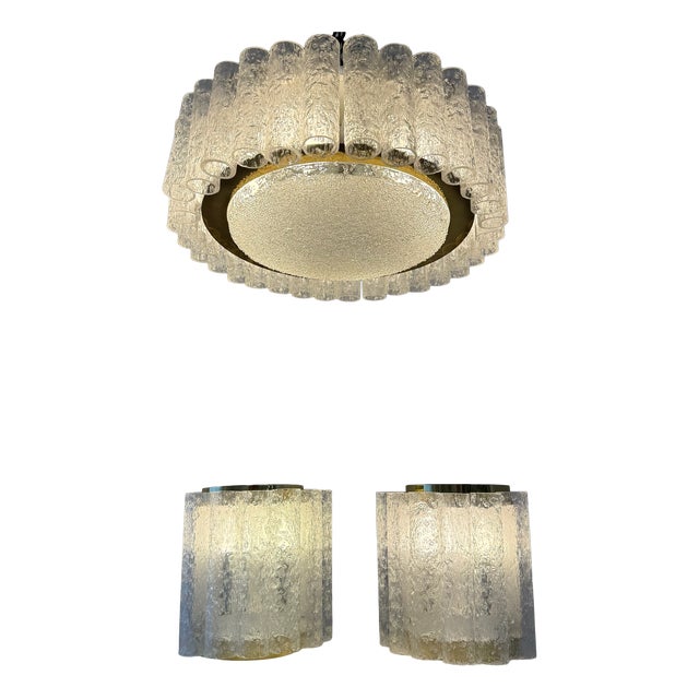 Mid-Century Space Age Ice Glass Ceiling Lamp and Wall Lamps from Doria Leuchten, Germany, 1960s, Set of 3 For Sale