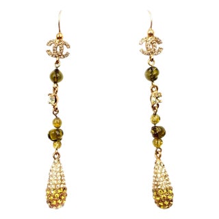 Chanel Vintage Gold Plated CC Golden Brown Gemstone Tear Drop Long Earrings, A Pair For Sale