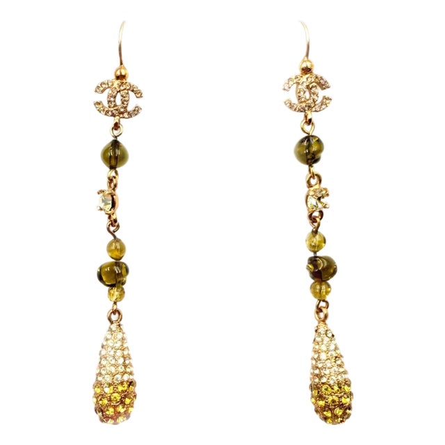 Chanel Vintage Gold Plated CC Golden Brown Gemstone Tear Drop Long Earrings, A Pair For Sale
