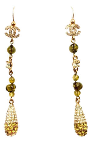 Chanel Vintage Gold Plated CC Golden Brown Gemstone Tear Drop Long Earrings, A Pair