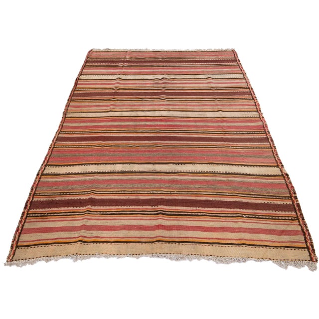 Turkish Mid-20th Century Turkish Kilim Beige Handmade Stripes Wool Rug For Sale - Image 3 of 10