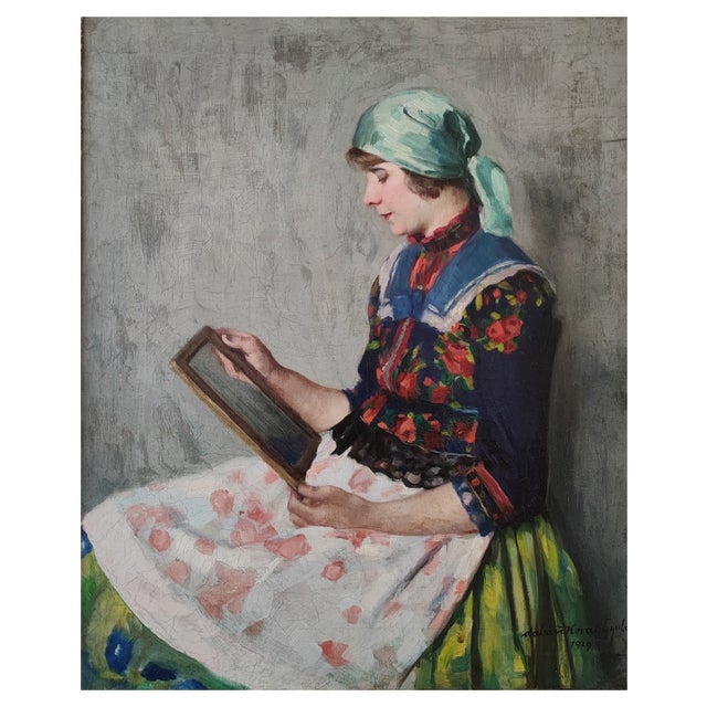 Gyula Kovács, Jeune Femme Hongroise avec un Miroir, 1929, Oil on Canvas, Framed For Sale