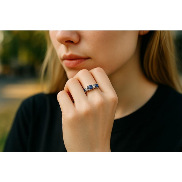 Exquisite Vintage Platinum Ring Emerald-Cut Diamonds Princess-Cut Sapphires, Size 5.5 For Sale - Image 4 of 8