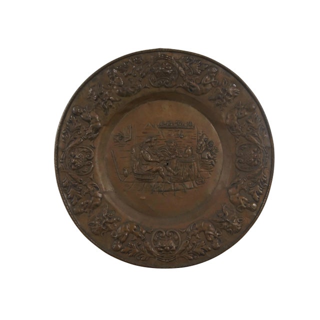 Neoclassical Antique Copper Embossed Tavern Scene Repousse Wall Plaque Charger Platter For Sale - Image 3 of 10