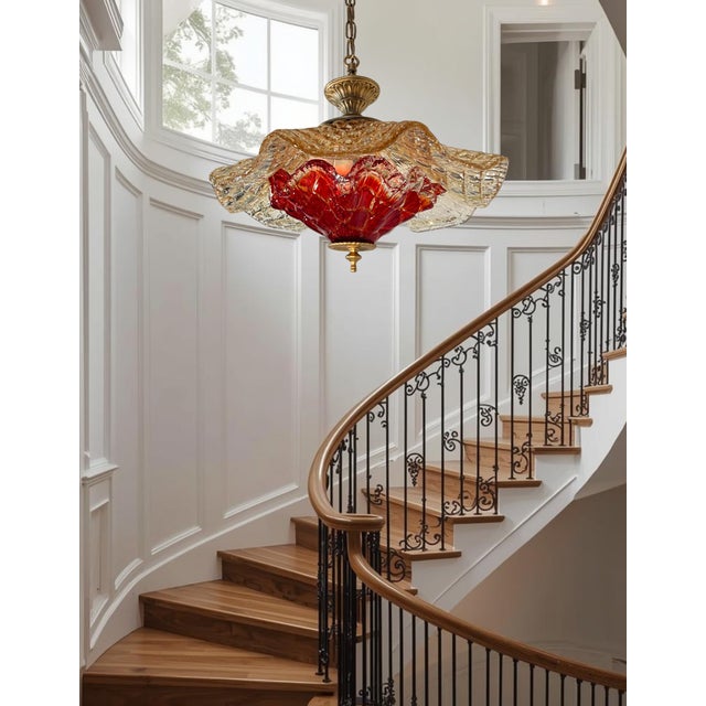 Vintage Murano Fazzoletto Art Glass “Fiore Di Fuoco” Amber Red Pendant Light For Sale In New York - Image 6 of 18