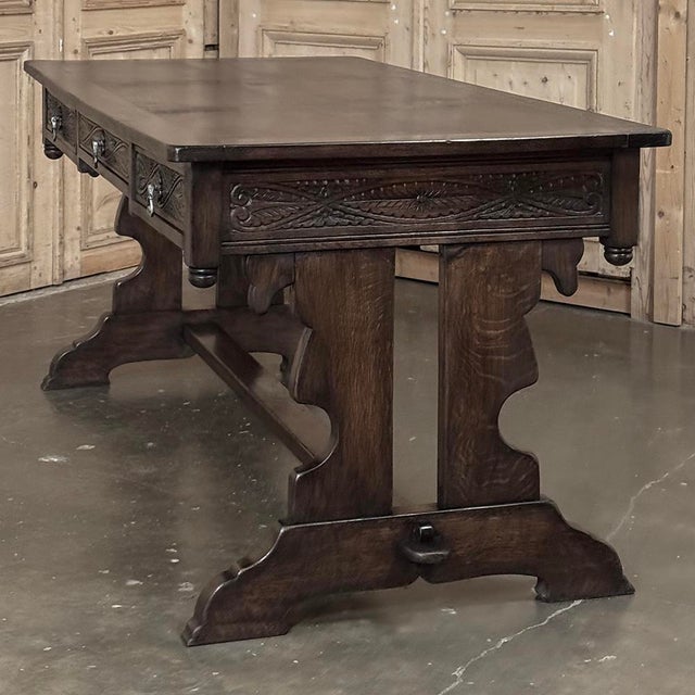 Antique Neo Gothic Carved Oak Trestle Three Drawer Writing Desk For Sale - Image 15 of 18