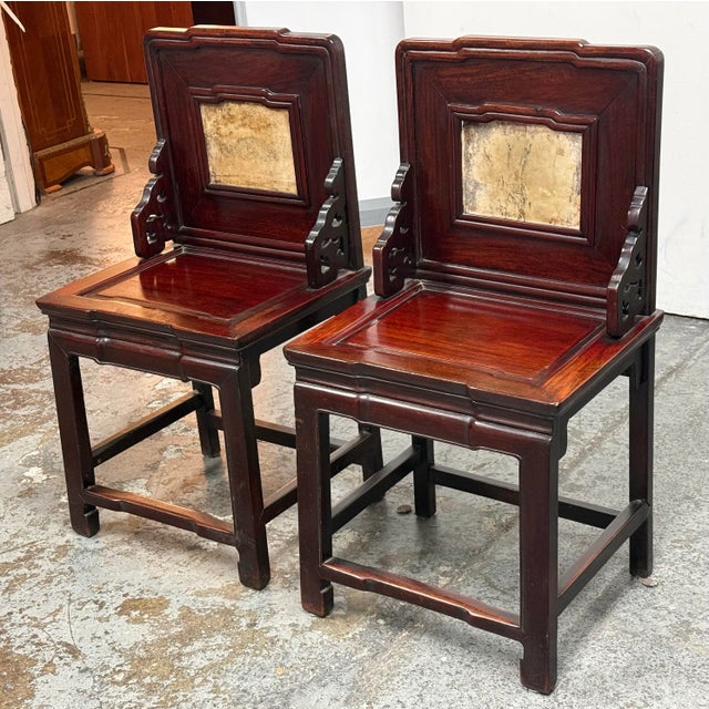 Chinese Antique Chinese Rosewood Chairs + Stone Inserts, Pair For Sale - Image 3 of 12