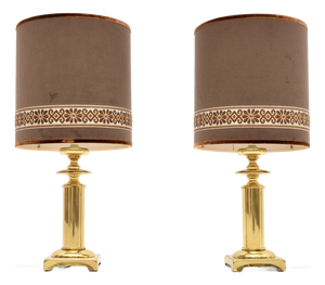 Vintage Brass Table Lamps with Velvet Shades, 1970s, Set of 2