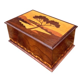 Vintage Marquetry Wood Cigar Humidor For Sale