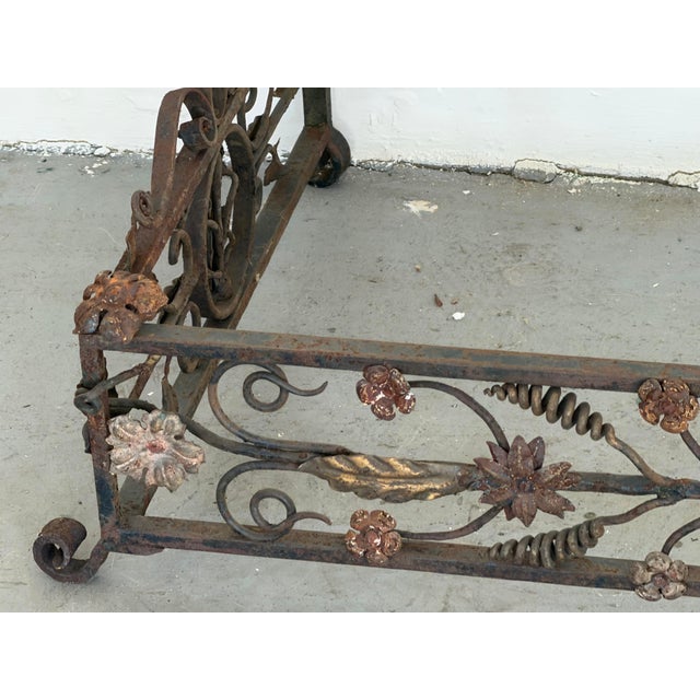Black Antique Italian Hand-Forged Wrought Iron Fireplace Fender, 58” Wide, Floral Scroll & Fleur-De-Lis Architectural Hearth Guard For Sale - Image 8 of 12
