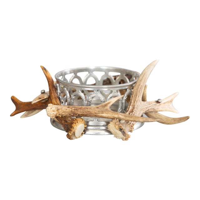 Vintage English Antler & Silver Pewter Wine Coaster For Sale
