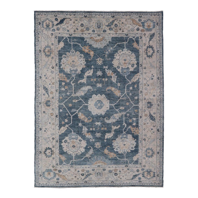Angora Turkish Oushak by Keivan Woven Arts Floral Design in Blue's For Sale