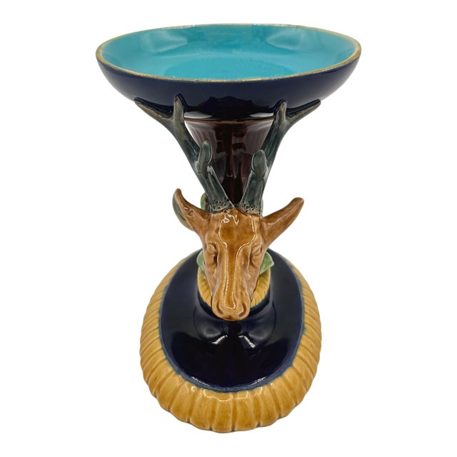 A Minton Majolica Stag's Head Small Taza in Cobalt Blue, English, Ca. 1868 For Sale