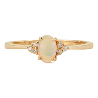 Natural Oval Cabochon Opal Ring With Trio Diamonds in 14k Yellow Gold Size 5.5 For Sale