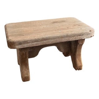 Early Rustic Wooden Farmhouse Stool, Primitive Carved Milking Bench Late 1900s For Sale